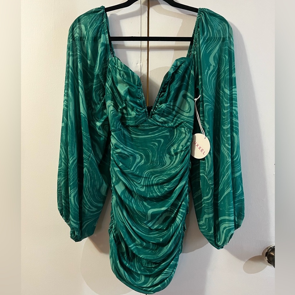 Luxxel Long Sleeve Ruched Green Mini Dress